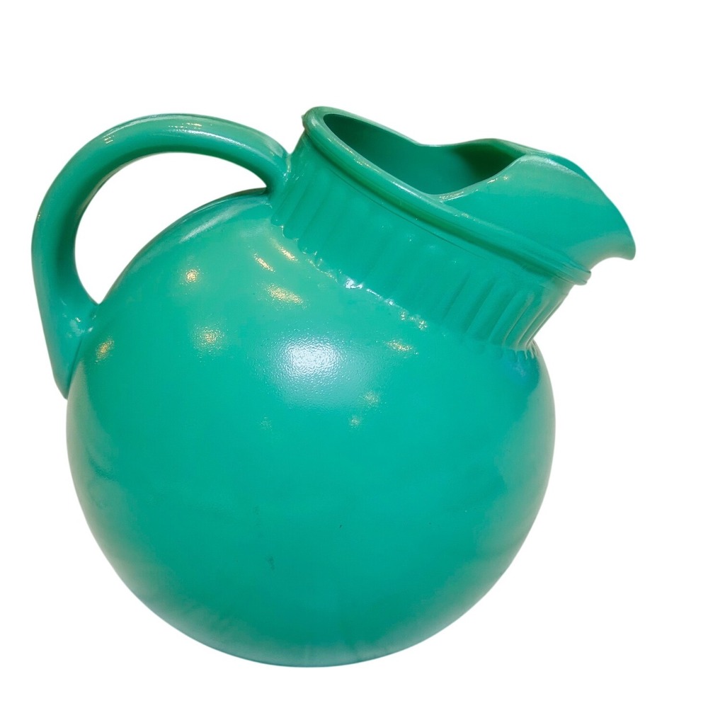 Vintage Hazel Atlas Ribbed Ball Pitcher 80oz Jade Green Platonite Glass 1940s